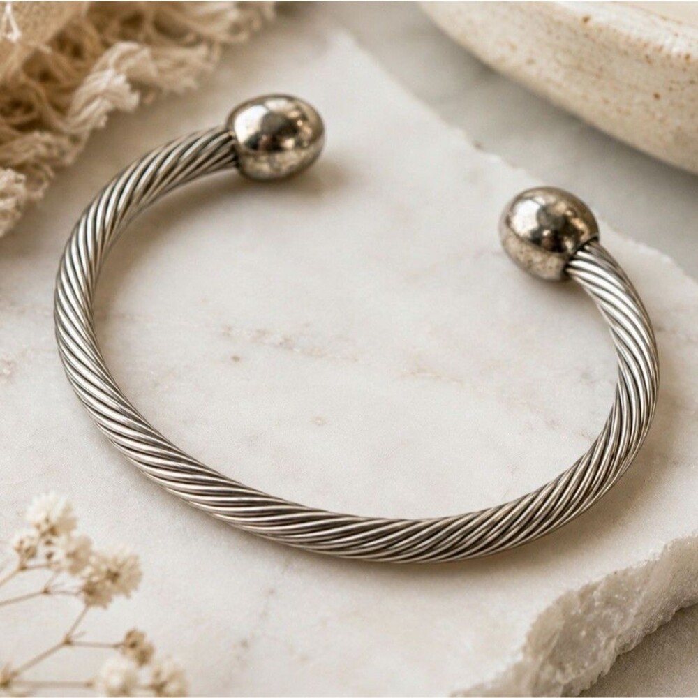 Vintage Silver Tone Twisted Cable Wire Cuff Bracelet Open Bangle Minimalist Boho